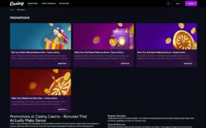 Casiny Casino game screen with a slot open and provider details on a dark purple layout