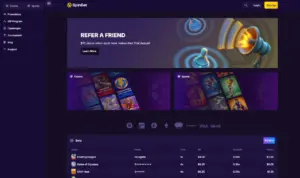 SpinBet Casino homepage with welcome bonus banner