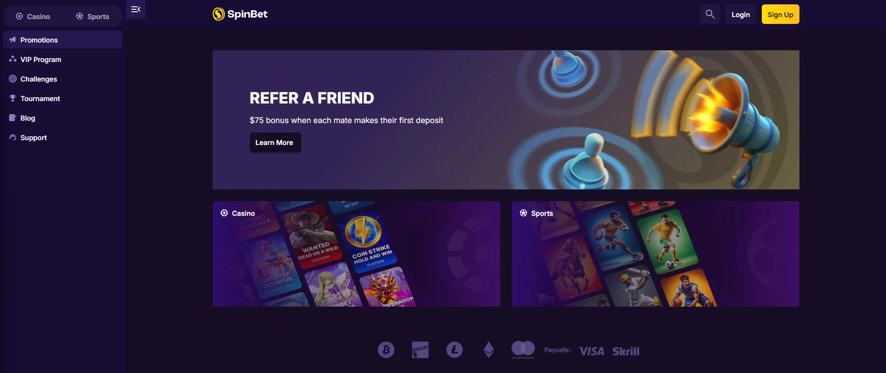 SpinBet refer a friend promo offering a $75 bonus, with casino and sports sections